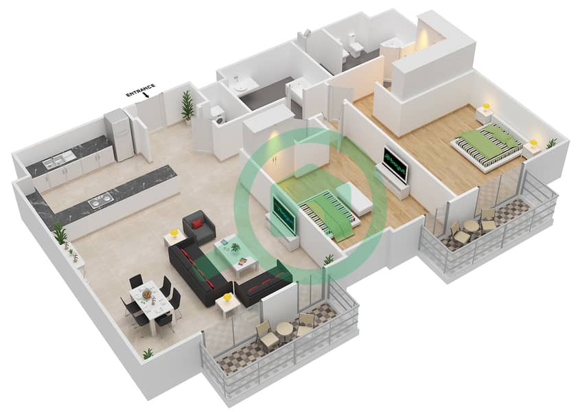 المخططات الطابقية لتصميم النموذج / الوحدة 2B /206 شقة 4 غرف نوم - البرزة Floor 6 interactive3D