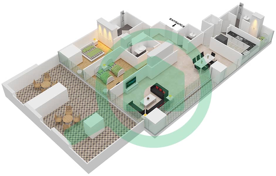المخططات الطابقية لتصميم النموذج 7A FLOOR 1 شقة 2 غرفة نوم - برج دافنشي Floor 1 interactive3D