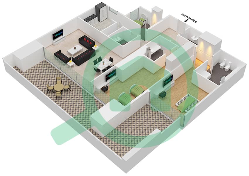المخططات الطابقية لتصميم النموذج 8 FLOOR 1-10 شقة 2 غرفة نوم - برج دافنشي Floor 1-10 interactive3D