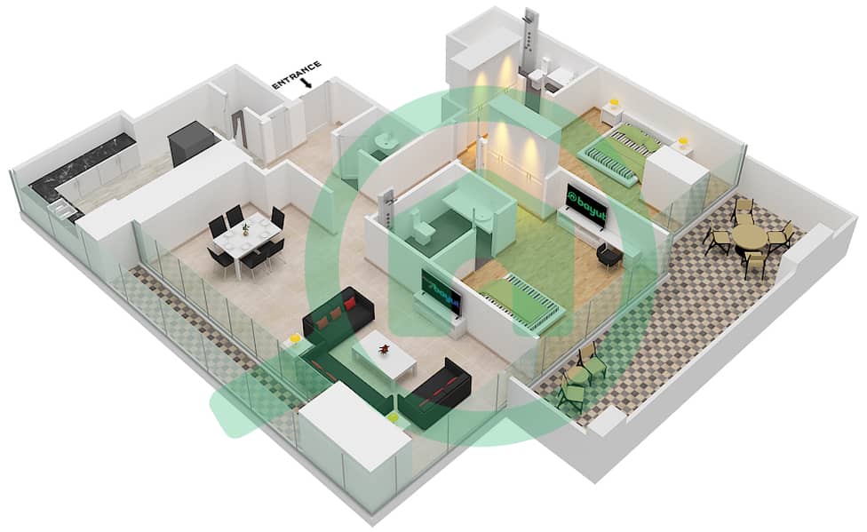 المخططات الطابقية لتصميم النموذج 9 FLOOR 2-10 شقة 2 غرفة نوم - برج دافنشي Floor 2-10 interactive3D