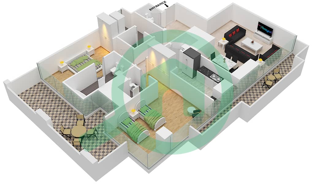 المخططات الطابقية لتصميم النموذج 13 FLOOR 4 شقة 2 غرفة نوم - برج دافنشي Floor 4 interactive3D