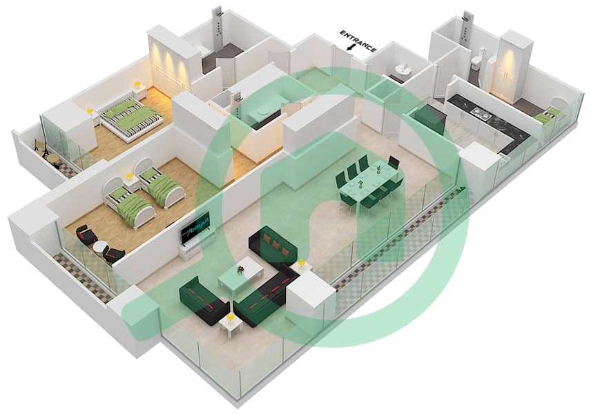 المخططات الطابقية لتصميم النموذج 14 FLOOR 11-16 شقة 2 غرفة نوم - برج دافنشي Floor 11-16 interactive3D