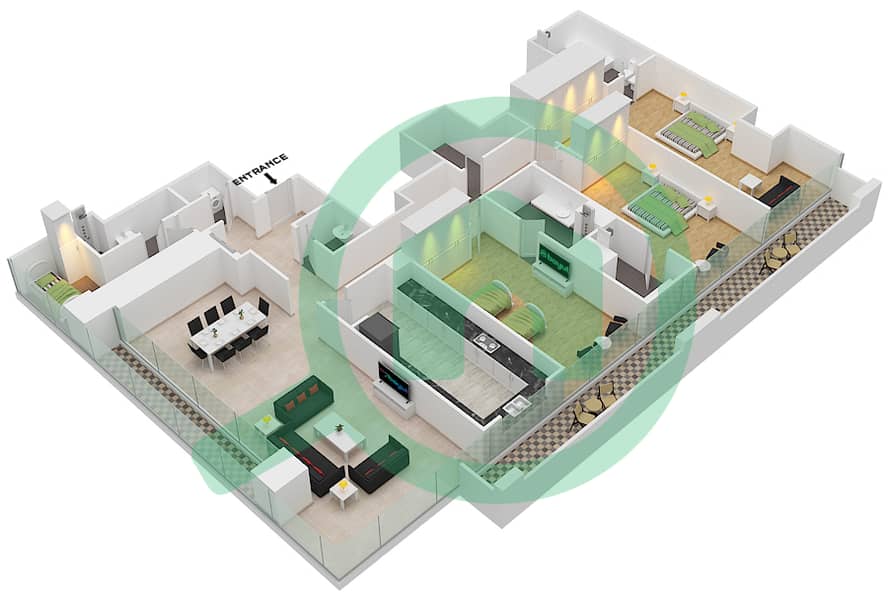 المخططات الطابقية لتصميم النموذج 1 FLOOR 11-16 شقة 3 غرف نوم - برج دافنشي Floor 11-16 interactive3D