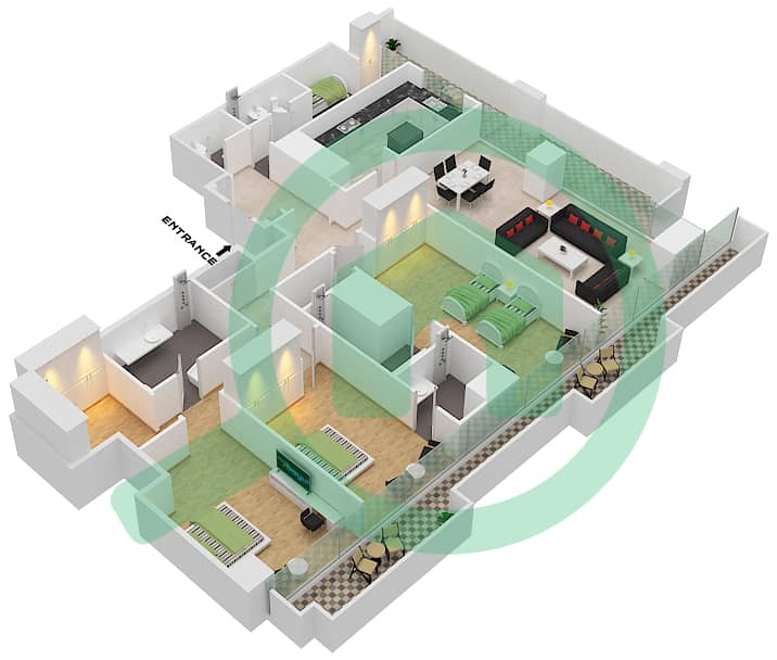 المخططات الطابقية لتصميم النموذج 2 FLOOR 11,13-16 شقة 3 غرف نوم - برج دافنشي Floor 11,13-16 interactive3D