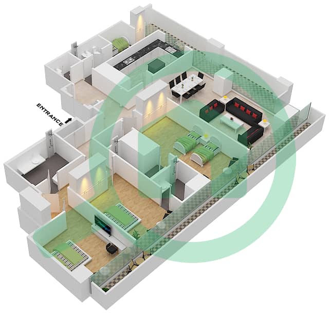 المخططات الطابقية لتصميم النموذج 2A FLOOR 12 شقة 3 غرف نوم - برج دافنشي Floor 12 interactive3D