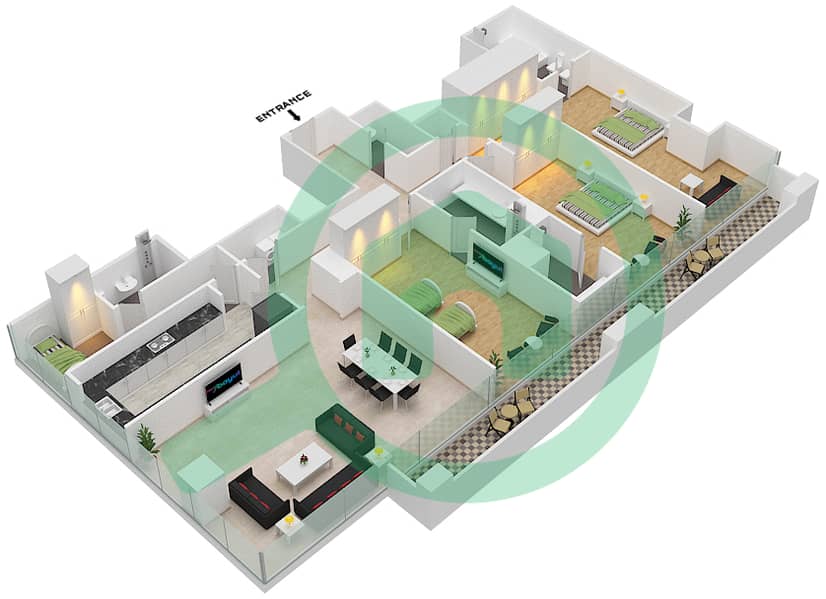 المخططات الطابقية لتصميم النموذج 3 FLOOR 17 شقة 3 غرف نوم - برج دافنشي Floor 17 interactive3D
