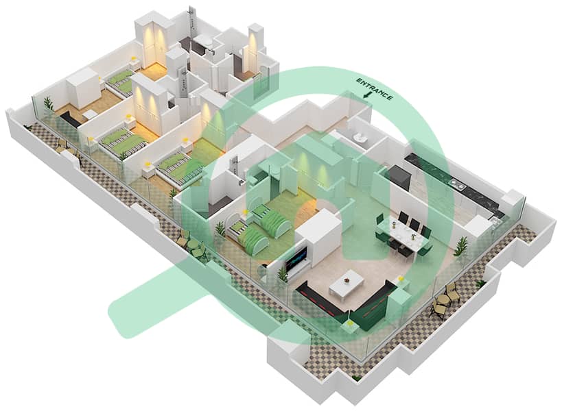 المخططات الطابقية لتصميم النموذج 1 FLOOR 11-16 شقة 4 غرف نوم - برج دافنشي Floor 11-16 interactive3D