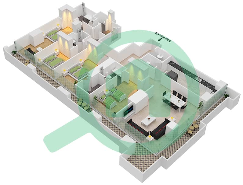 المخططات الطابقية لتصميم النموذج 1A FLOOR 17-18 شقة 4 غرف نوم - برج دافنشي Floor 17,18 interactive3D