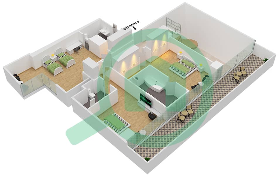 المخططات الطابقية لتصميم النموذج 2 FLOOR 1-2 شقة 4 غرف نوم - برج دافنشي Floor 2 Upper Level interactive3D