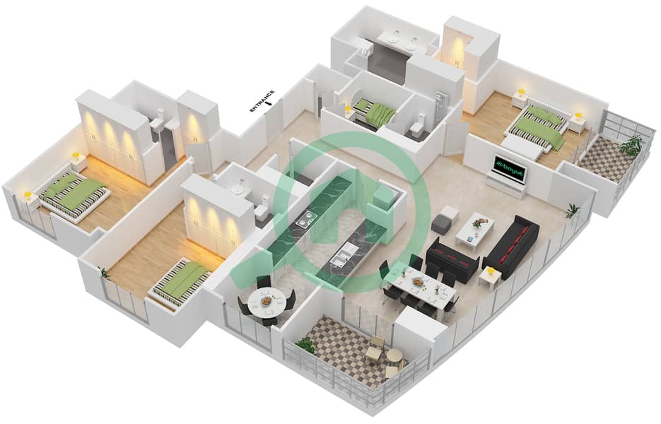迪拜溪畔公寓3号北大厦 - 3 卧室公寓单位2戶型图 Floor 3-15,17-27 interactive3D