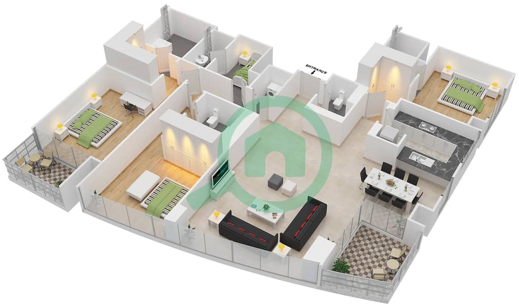 المخططات الطابقية لتصميم الوحدة 3 شقة 3 غرف نوم - مساكن خور دبي 3 شمال Floor 3-15,17-27 interactive3D