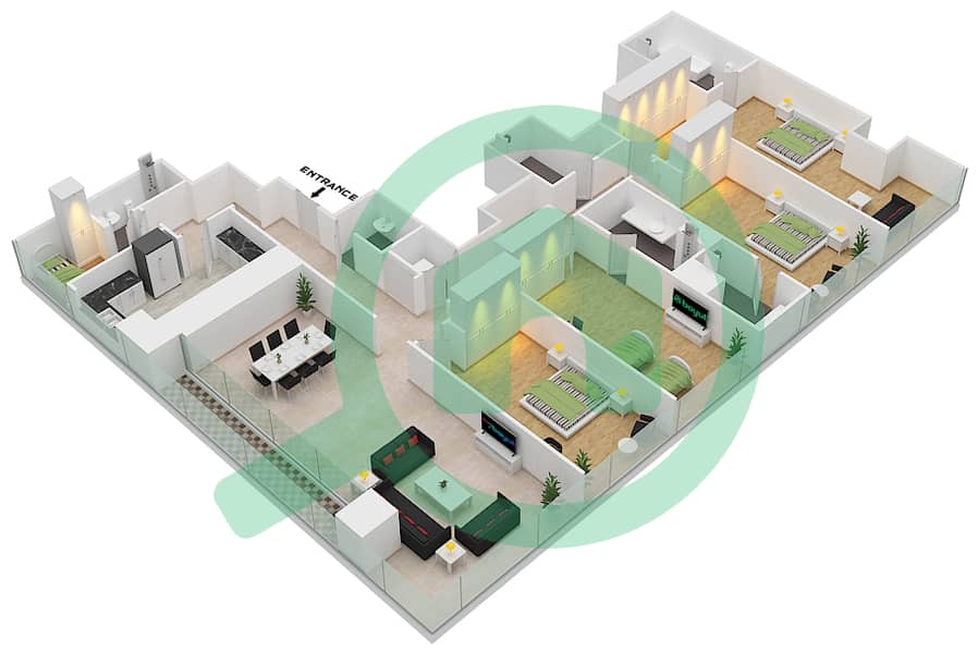 المخططات الطابقية لتصميم النموذج 4 FLOOR 18 شقة 4 غرف نوم - برج دافنشي Floor 18 interactive3D
