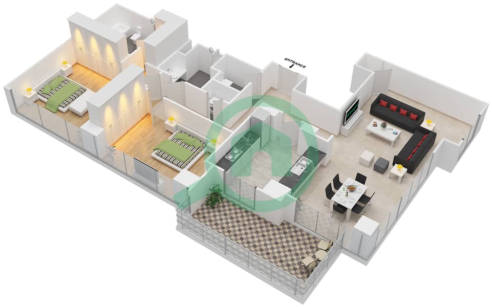 المخططات الطابقية لتصميم الوحدة 1 FLOOR 6-26 شقة 2 غرفة نوم - مساكن خور دبي 3 شمال Floor 6-26 interactive3D