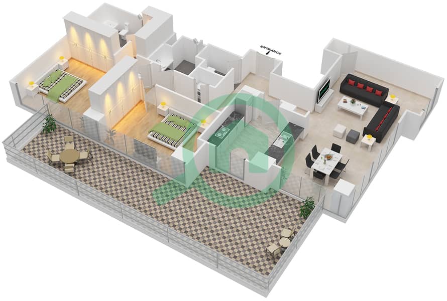 المخططات الطابقية لتصميم الوحدة 1 FLOOR 3 شقة 2 غرفة نوم - مساكن خور دبي 3 شمال Floor 3 interactive3D