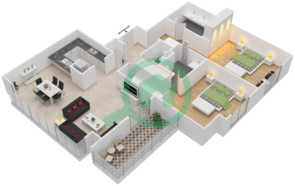 المخططات الطابقية لتصميم الوحدة 4  FLOOR 4-15,17-27 شقة 2 غرفة نوم - مساكن خور دبي 3 شمال Floor 4-15,17-27 interactive3D