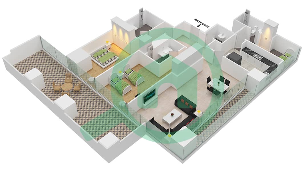 المخططات الطابقية لتصميم النموذج 7 FLOOR 2-10 شقة 2 غرفة نوم - برج دافنشي Floor 2-10 interactive3D