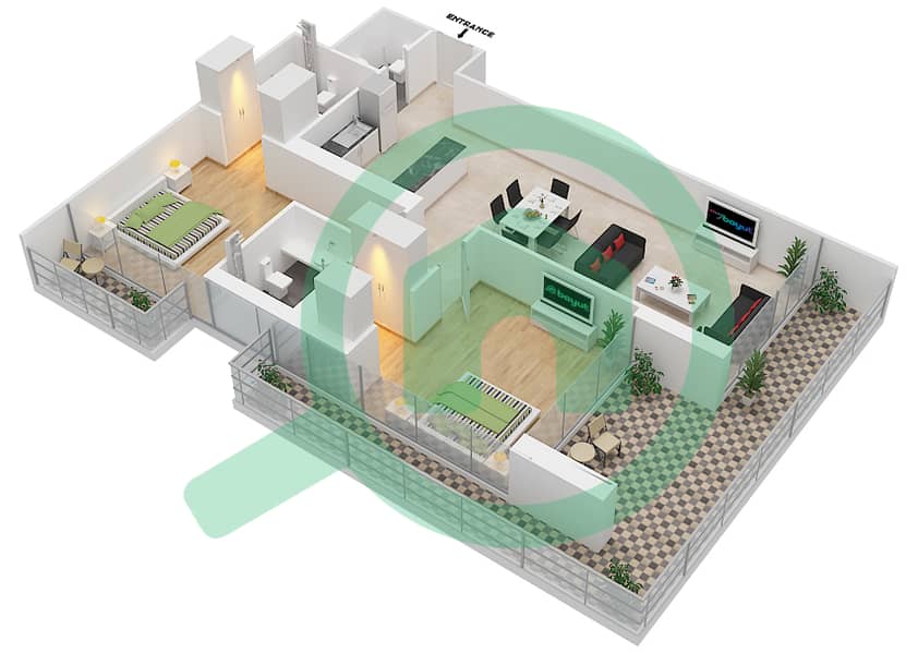 المخططات الطابقية لتصميم الوحدة 27 FLOOR 4 شقة 2 غرفة نوم - علياء ريزيدنس Floor 5 interactive3D