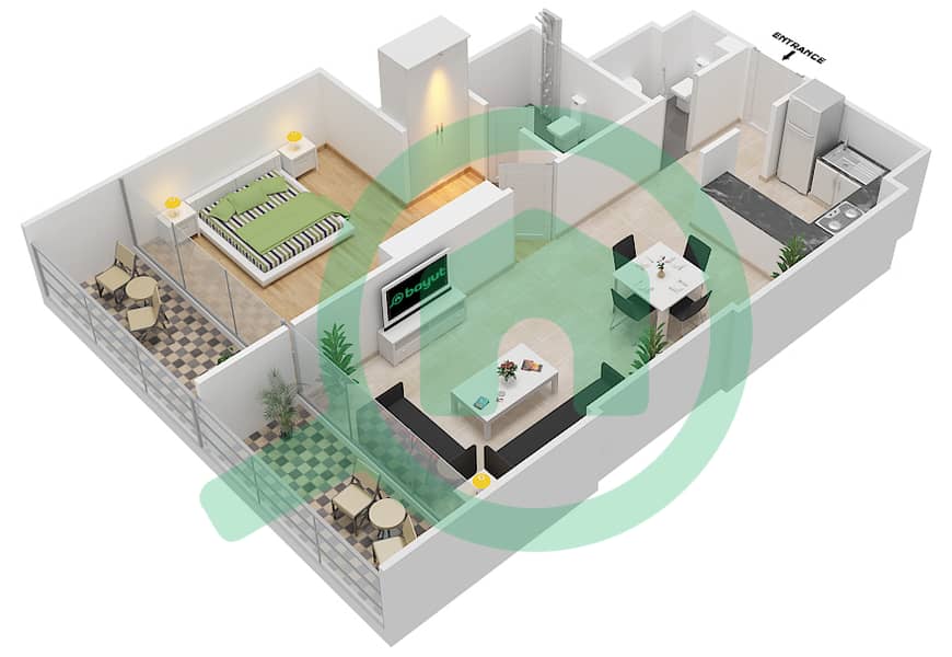 المخططات الطابقية لتصميم الوحدة 3 FLOOR 6 شقة 1 غرفة نوم - علياء ريزيدنس Floor 6 interactive3D