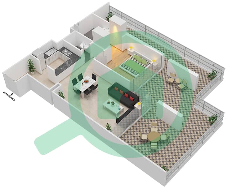 المخططات الطابقية لتصميم الوحدة 12 FLOOR 6 شقة 1 غرفة نوم - علياء ريزيدنس Floor 6 interactive3D