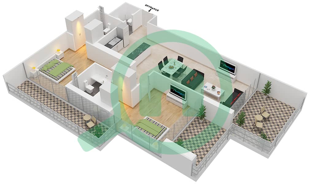 المخططات الطابقية لتصميم الوحدة 21 FLOOR 6 شقة 2 غرفة نوم - علياء ريزيدنس Floor 6 interactive3D