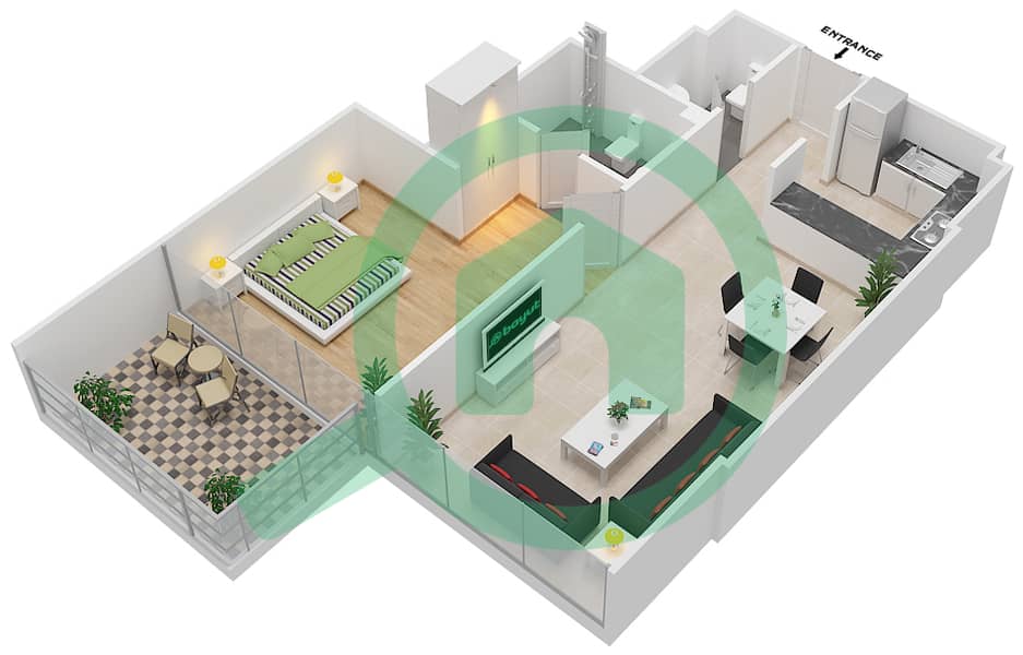 المخططات الطابقية لتصميم الوحدة 24 FLOOR 6 شقة 1 غرفة نوم - علياء ريزيدنس Floor 6 interactive3D