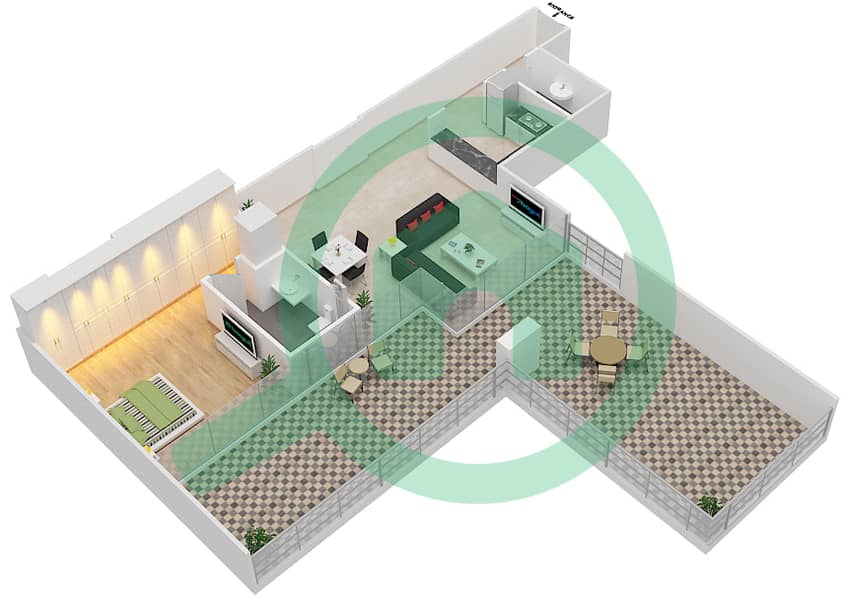 المخططات الطابقية لتصميم الوحدة 1 FLOOR 9 شقة 1 غرفة نوم - علياء ريزيدنس Floor 9 interactive3D