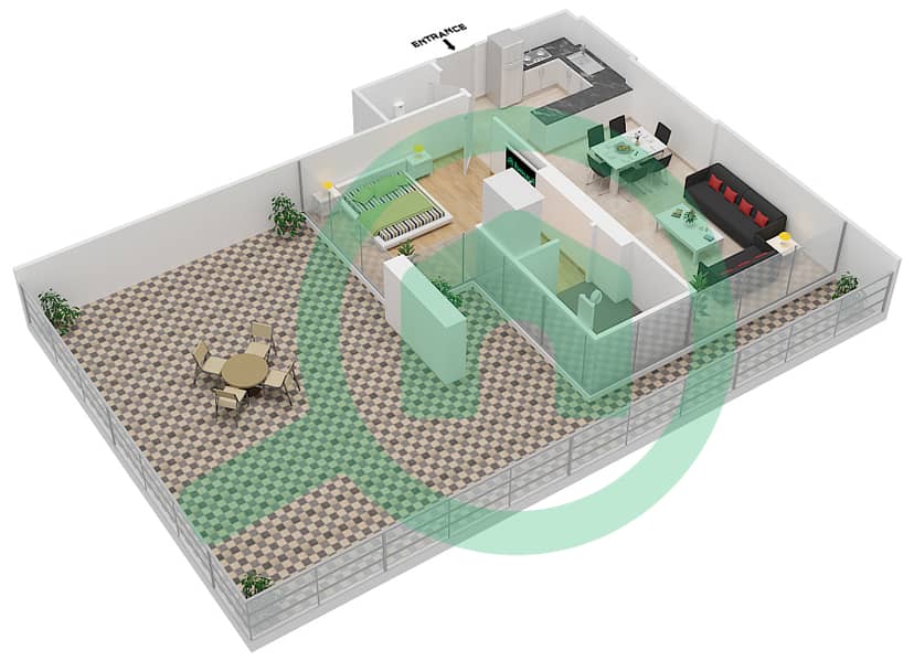 المخططات الطابقية لتصميم الوحدة 3 FLOOR 9 شقة 1 غرفة نوم - علياء ريزيدنس Floor 9 interactive3D
