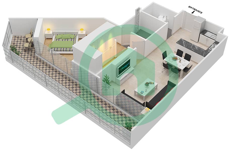 المخططات الطابقية لتصميم الوحدة 12 FLOOR 9 شقة 1 غرفة نوم - علياء ريزيدنس Floor 9 interactive3D