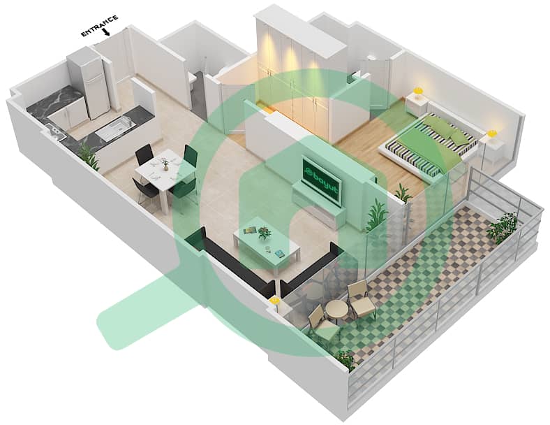 المخططات الطابقية لتصميم الوحدة 22 FLOOR 9 شقة 1 غرفة نوم - علياء ريزيدنس Floor 9 interactive3D