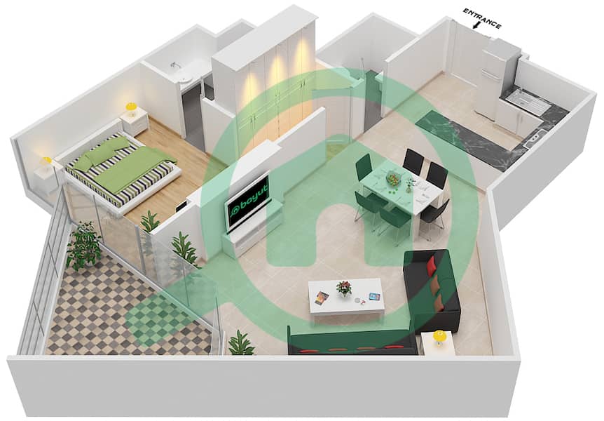 المخططات الطابقية لتصميم الوحدة 23 FLOOR 9 شقة 1 غرفة نوم - علياء ريزيدنس Floor 9 interactive3D