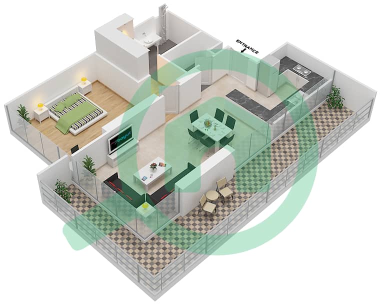المخططات الطابقية لتصميم الوحدة 5 FLOOR 10 شقة 1 غرفة نوم - علياء ريزيدنس Floor 10 interactive3D
