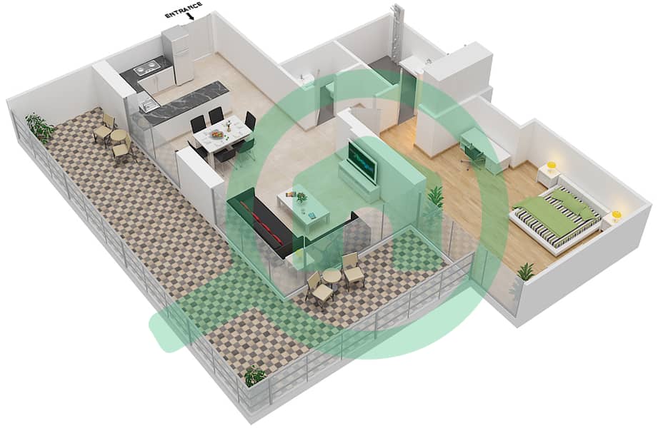المخططات الطابقية لتصميم الوحدة 6 FLOOR 10 شقة 1 غرفة نوم - علياء ريزيدنس Floor 10 interactive3D