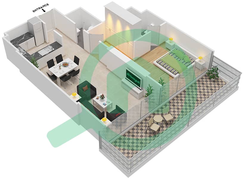 المخططات الطابقية لتصميم الوحدة 17 FLOOR 10 شقة 1 غرفة نوم - علياء ريزيدنس Floor 10 interactive3D