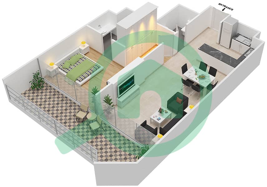 المخططات الطابقية لتصميم الوحدة 18 FLOOR 10 شقة 1 غرفة نوم - علياء ريزيدنس Floor 10 interactive3D