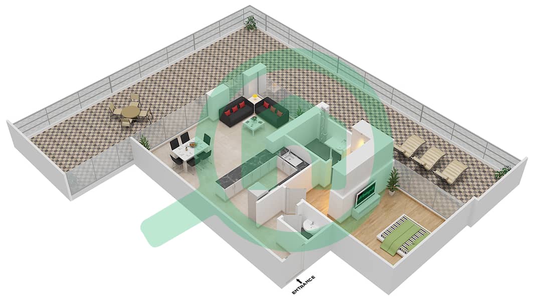 المخططات الطابقية لتصميم الوحدة 2 FLOOR 11 شقة 1 غرفة نوم - علياء ريزيدنس Floor 11 interactive3D