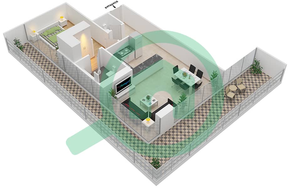 المخططات الطابقية لتصميم الوحدة 2 FLOOR 12 شقة 1 غرفة نوم - علياء ريزيدنس Floor 12 interactive3D