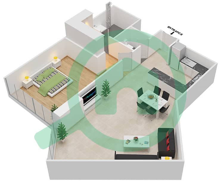 المخططات الطابقية لتصميم الوحدة 13 FLOOR 14 شقة 1 غرفة نوم - علياء ريزيدنس Floor 14 interactive3D