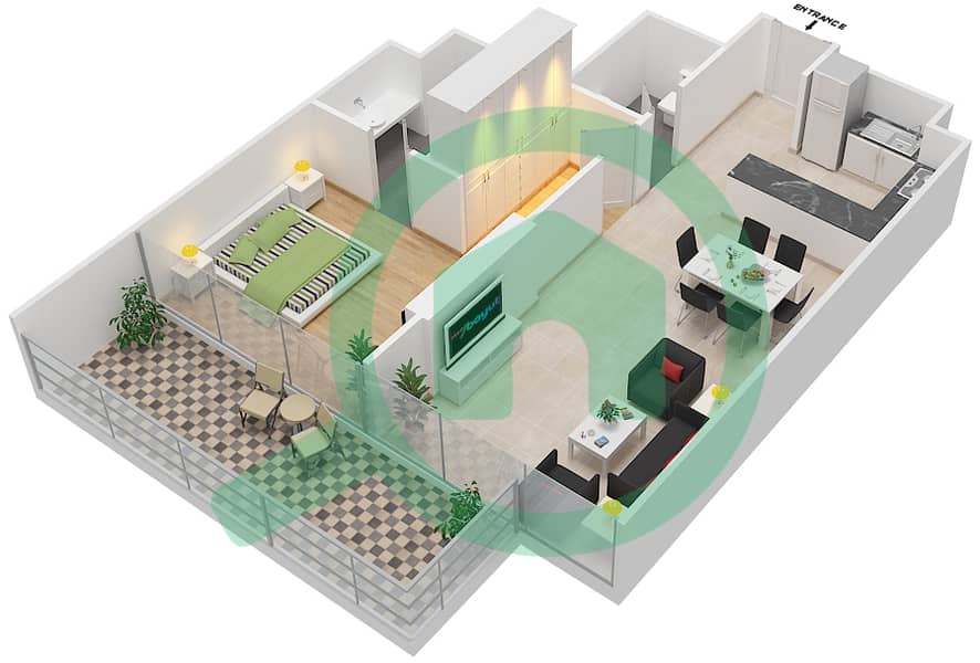المخططات الطابقية لتصميم الوحدة 12 FLOOR 14 شقة 1 غرفة نوم - علياء ريزيدنس Floor 14 interactive3D
