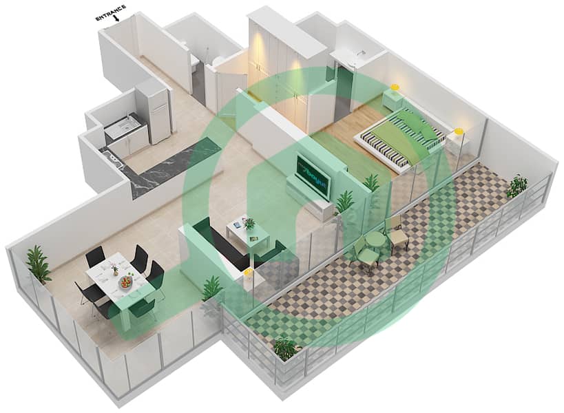 المخططات الطابقية لتصميم الوحدة 11 FLOOR 14 شقة 1 غرفة نوم - علياء ريزيدنس Floor 14 interactive3D