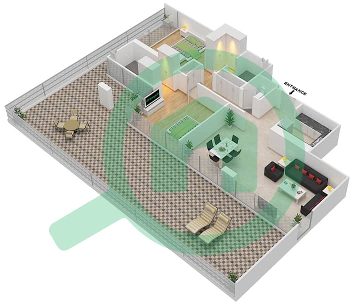 المخططات الطابقية لتصميم الوحدة 10 FLOOR 14 شقة 2 غرفة نوم - علياء ريزيدنس Floor 14 interactive3D