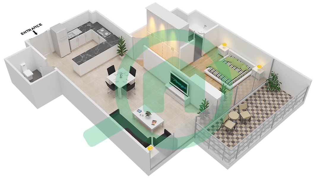 المخططات الطابقية لتصميم الوحدة 15 FLOOR 13 شقة 1 غرفة نوم - علياء ريزيدنس Floor 13 interactive3D