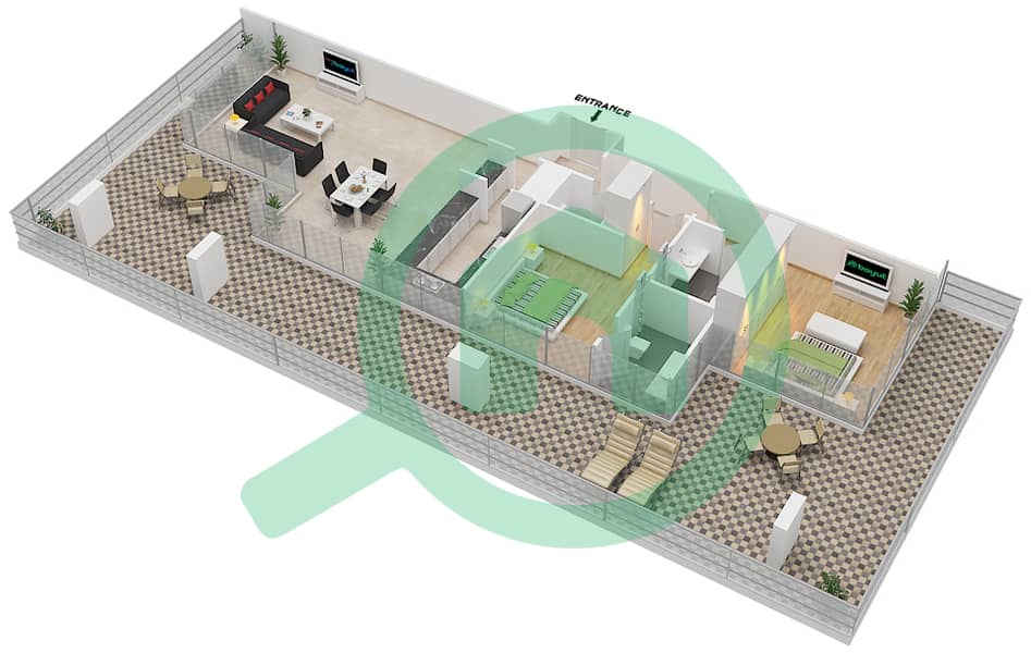 المخططات الطابقية لتصميم الوحدة 11 FLOOR 13 شقة 2 غرفة نوم - علياء ريزيدنس Floor 13 interactive3D