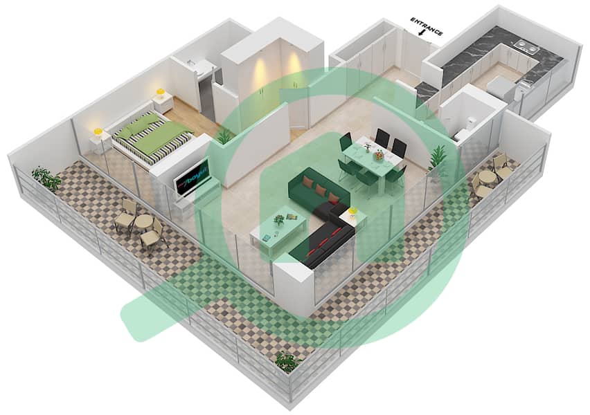 المخططات الطابقية لتصميم الوحدة 1 FLOOR 13 شقة 1 غرفة نوم - علياء ريزيدنس Floor 13 interactive3D
