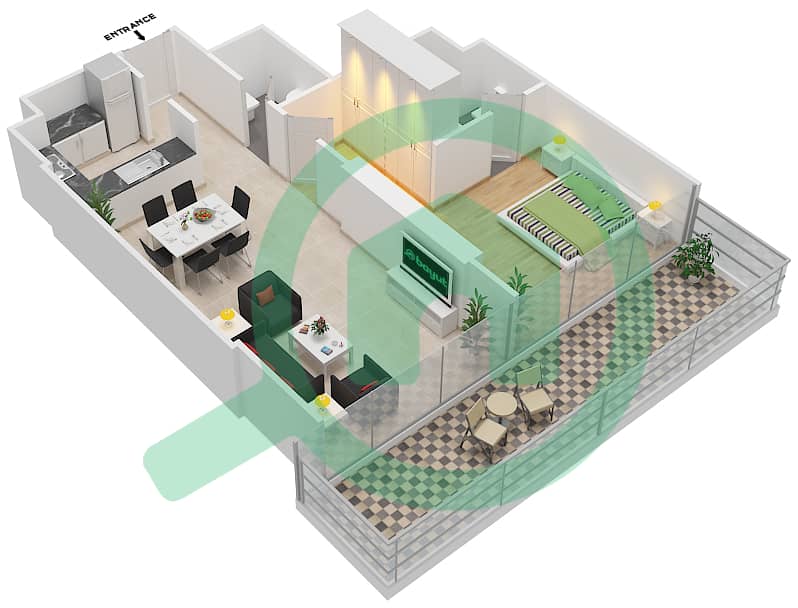 المخططات الطابقية لتصميم الوحدة 13  FLOOR 12 شقة 1 غرفة نوم - علياء ريزيدنس interactive3D