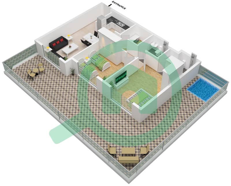 多瑙河畔珍珠公寓 - 2 卧室公寓类型／单位T1 105,114戶型图 Floor 1
Unit 105,114 interactive3D