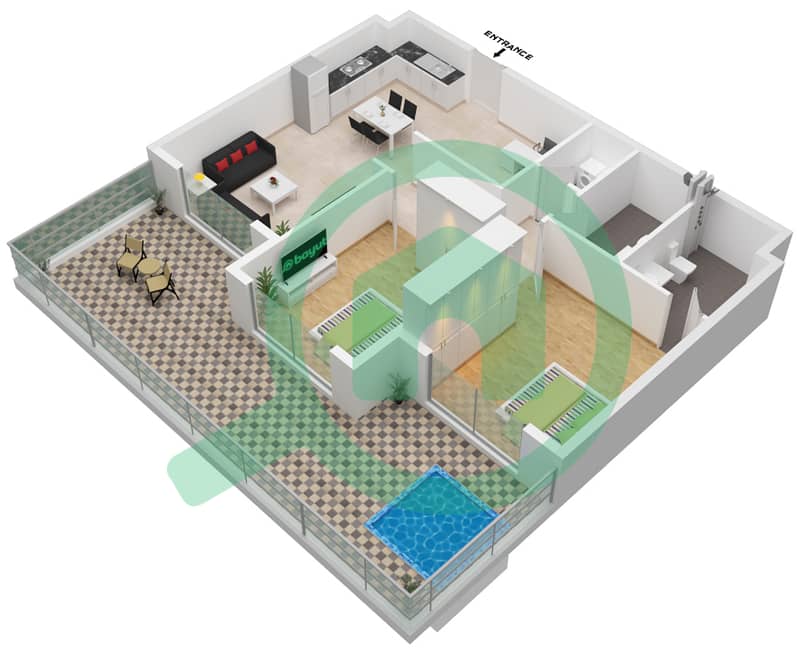المخططات الطابقية لتصميم النموذج / الوحدة T2 108,109,110,111 شقة 2 غرفة نوم - بيرلز من الدانوب Floor 1
 Unit 108,109,110,111 interactive3D