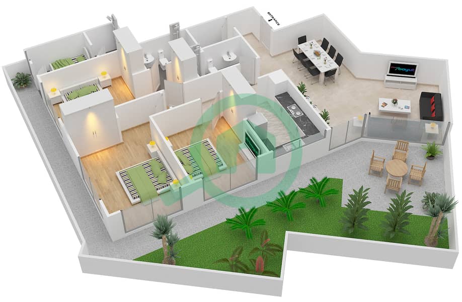 MAG 5林荫大道社区 - 3 卧室公寓类型A戶型图 Ground Floor interactive3D