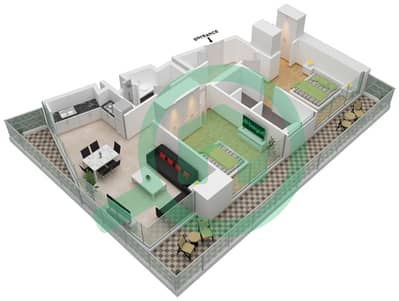 المخططات الطابقية لتصميم النموذج C FLOOR-3,5,7,9,11,13,15, شقة 2 غرفة نوم - W ريزيدنس