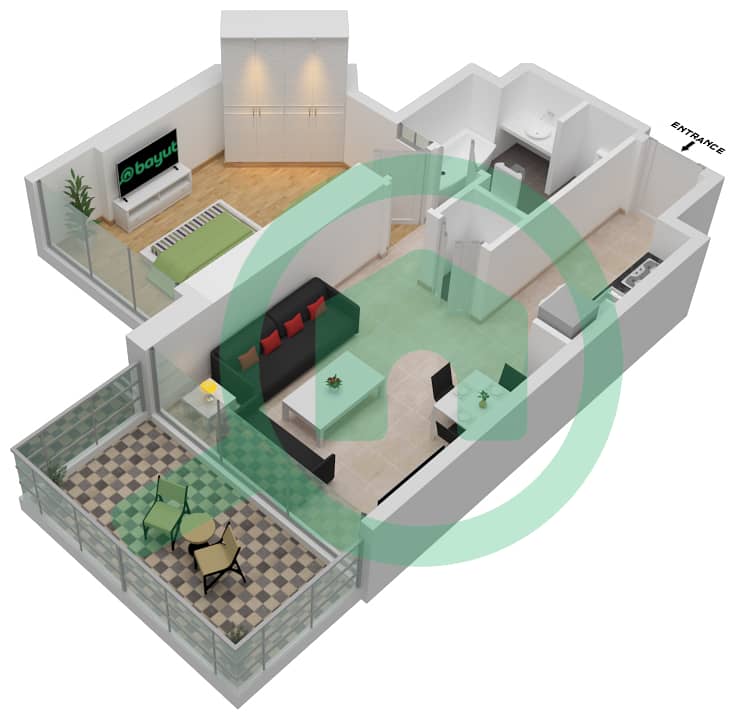W公寓 - 1 卧室公寓类型B FLOOR-1-20,22-46,48戶型图 Floor-1-20,22-46,48 interactive3D