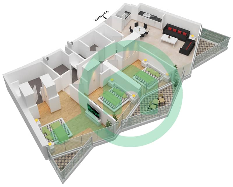المخططات الطابقية لتصميم النموذج B1 FLOOR-23,25,27,29,31, شقة 3 غرف نوم - W ريزيدنس Floor-23,25,27,29,31,33 interactive3D